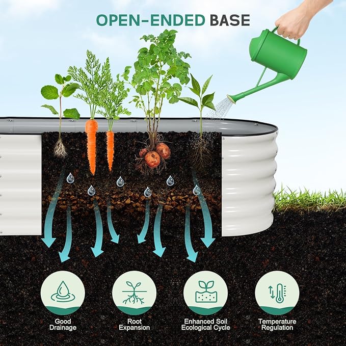 Galvanized Raised Garden Bed - 6×2×1.4ft Planter Raised Beds for Gardening | Oval Metal Garden Planter Box with Safety Edging and Gloves for Vegetables Fruits and Flower White