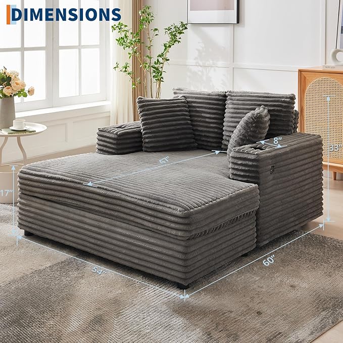 GarveeHome 60-inch Oversized Chaise Lounge Chair Indoor, Comfy Corduroy Lounge Sofa with Charging Station, Cup Holders & Throw Pillows, Cozy Sleeper Couch for Living Room Apartments, Grey