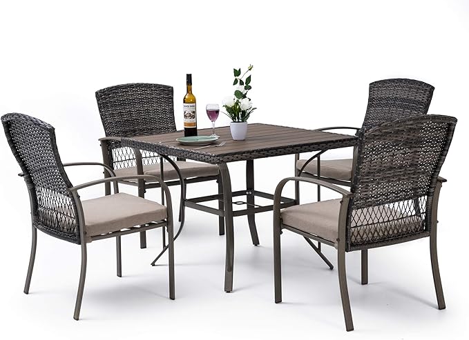 Pamapic Outdoor 5-Piece Patio Dining Set, Weather Resistant PE Rattan Table and Chairs, Comfortable Cushions, Easy Maintenance, 5 PCS, Beige