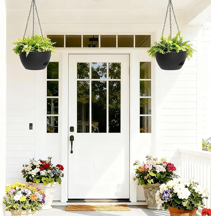 8 Inch Hanging Planters for Indoor Outdoor Plants, 4 Pack Black Plastic Self Watering Hanging Baskets with Drainage Holes and Chain for Garden Porch