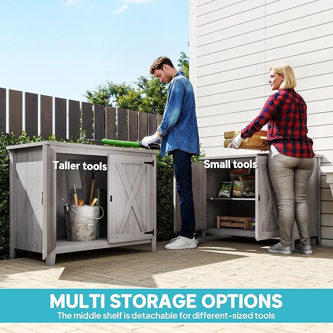 Outsunny Wood Garden Shed, Compact Outdoor Storage Cabinet Potting Shed with Inner Shelf and Double Doors for Backyard, Patio, Lawn, Light Gray