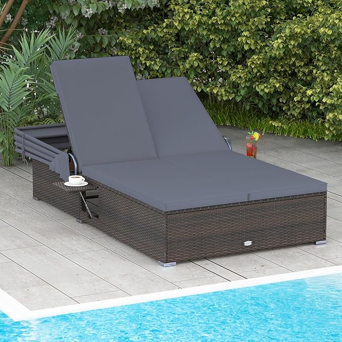 RELAX4LIFE Outdoor Rattan Daybed w/Canopy - Wicker Double Chaise Lounge w/6-Position Backrest, Folding Side Trays & Cushion, 2-Seater Loveseat Sunbed for Backyard, Patio Rattan Bed Lounger (Gray)