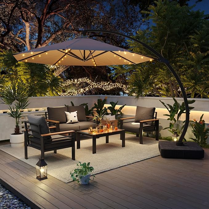 Aoxun Aluminum Patio Furniture Set with Umbrella 4 Seats, Oversized Outdoor Sectional with Washable Thick Cushions, Coffee Table and Waterproof Cover, Patio Conversation Sets for Porch, Balcony, Deck