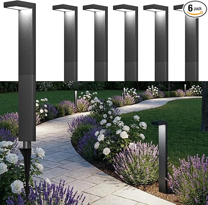 Low Voltage Landscape Lights, 6 Pack Outdoor LED Pathway Light, Wired Path Lighting for Walkway, Garden, IP65 Waterproof, 400LM, 4000K, Modern Cast-Aluminum, Black