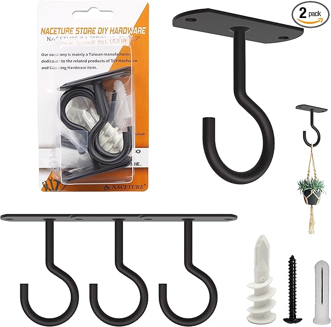 NACETURE Ceiling Hooks Heavy Duty 2 Pack - Plant Hooks for Ceiling Hanging Hook for Hanging Basket Hook, Light, Bird Feeders, Wind Chimes Décor Indoor & Outdoor (Black, 2.5 Inch 4 Pack)