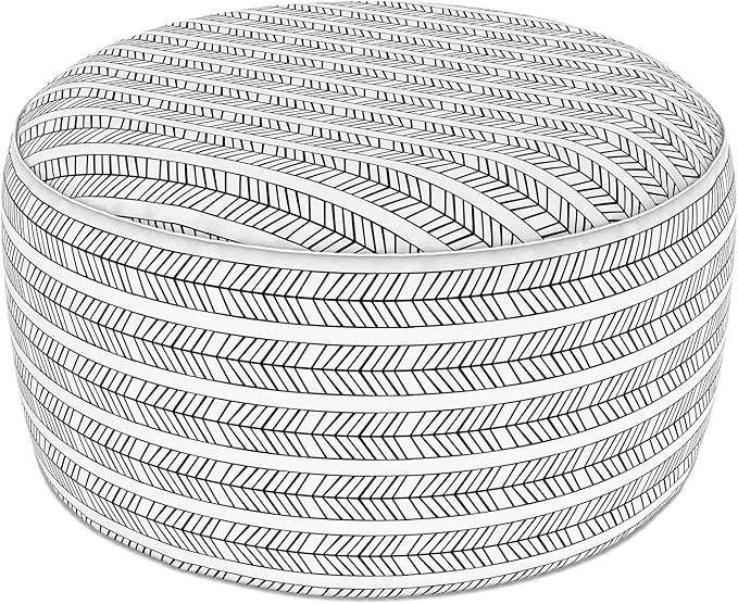LVTXIII Indoor/Outdoor Extra Large Inflatable Ottoman Pouf D31 x H14 Inch, Round Footstool with Handle, Weather-Resistant Portable Furniture for Patio, Camping, Beach, Herringbone Black White