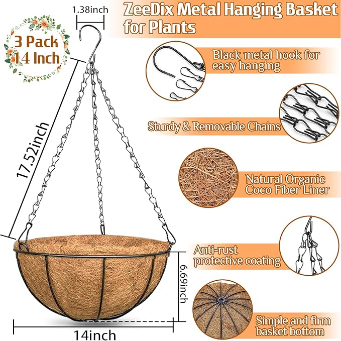 ZeeDix 3 Pack 14 Inch Hanging Baskets for Plants Outdoor Indoor, Metal Hanging Planters Flower Pots with Coco Liners Replacement, Decor Garden Flowers Vegetables Plants