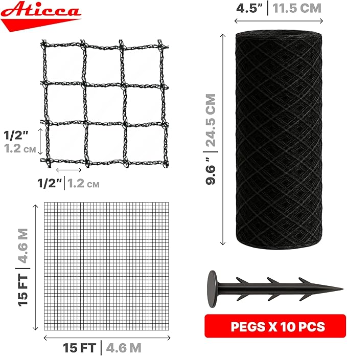 Heavy Duty Bird Netting for Garden Protection & Fruit Trees, 15x15 Ft with 10 Stakes – Black Anti-Bird Net for Poultry, Deer, & Squirrel Protection, Durable Nylon Mesh for Garden and Yard Use