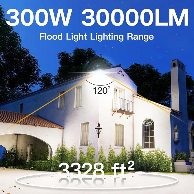 1 Pack LED Flood Lights Outdoor, 300W 30000LM Super Bright Floodlight Outside Work Light with 5.9FT Plug, IP65 Waterproof 6000K Outdoor LED Flood Light for Garage, Yard, Lawn, Garden