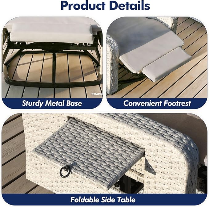 Outdoor Recliner Chair Set of 2, Wicker Patio Recliners with Adjustable Backrest and Extended Foot Rest, Reclining Patio Chairs with Flip Table & Removable Cushion Cover for Porch