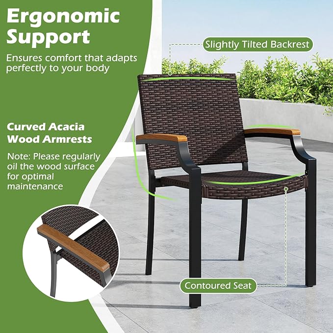 Tangkula 9 Piece Patio Dining Set, 79” Rectangular Outdoor Dining Table with Acacia Wood Top & Umbrella Hole, 8 Stackable Rattan Armchairs, for Backyard Garden Poolside