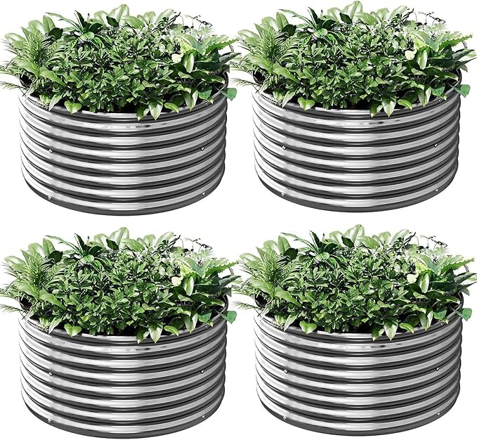 4 Pack Round Galvanized Raised Garden Bed Outdoor, Metal Garden Bed for Vegetables, Above Ground Garden Box for Flower, Steel Raised Beds for Gardening - 2FT