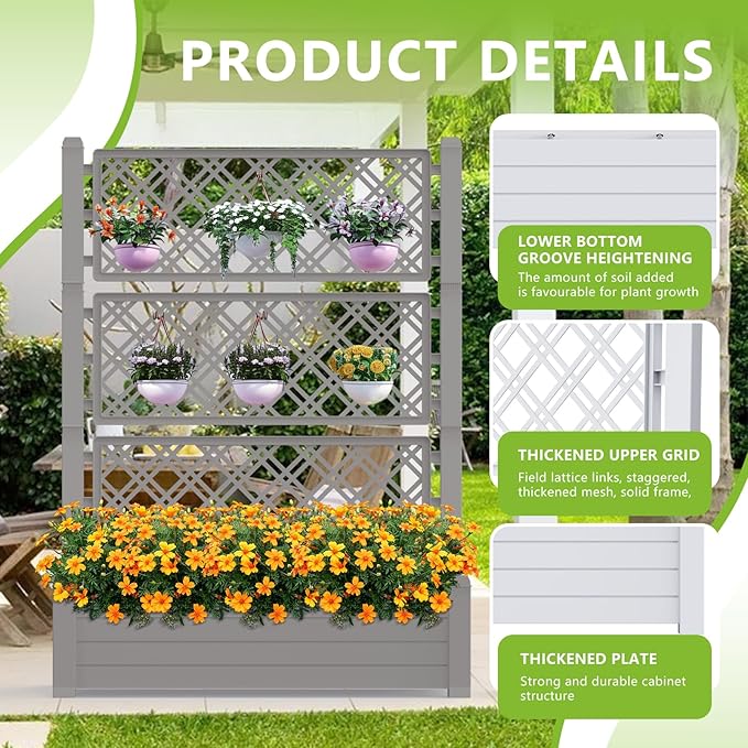 EasyUp Raised Garden Bed with Trellis for Climbing Plants, Raised Herb Garden Bed with Drainage Plug & Water Level Gauge, Durable Dust-Proof Resin Planter for Patio, Balcony, Backyard