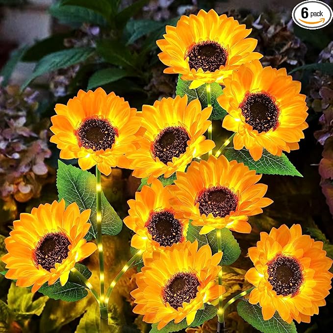 KOOPER Solar Lights Outdoor Decor - 6 Pack Solar Garden Lights with 18 Sunflower Lights, Auto ON/Off, Waterproof for Garden, Patio, Backyard