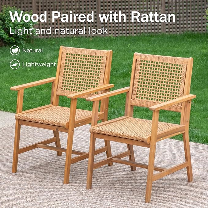 PHI VILLA 9 Pieces Acacia Wood Outdoor Dining Set for 8, Teak Rectangle Wooden Table & Chairs with Wicker Seat and Back, Farmhouse Dining Furniture Set for Patio, Deck, Yard, Porch
