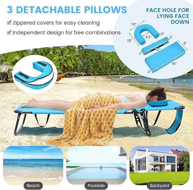 GYMAX Tanning Chair, 350lbs Beach Lounge Chair with Face Hole, Detachable Washable Pillow & Carry Strap, Adjustable Folding Chaise Lounge, Layout Chair for Outside, Patio, Poolside, Lawn (1, Arctic)