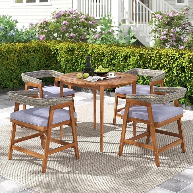 Tangkula 36" Round Outdoor Dining Table for 4, Acacia Wood 4-Person Patio Table with Slatted Tabletop & Adjustable Foot Pads, Indoor Outdoor Dining Furniture for Deck, Garden, Poolside & Backyard