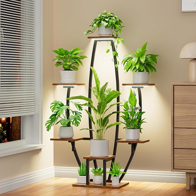 JUSTOGO Plant Stand Indoor with Grow Lights - 7 Tiered Large Plant Shelf Indoor, 47" Corner Plant Stands for Indoor Plants Multiple, Metal Plant Rack Flower Holder Display for Living Room, Home Decor