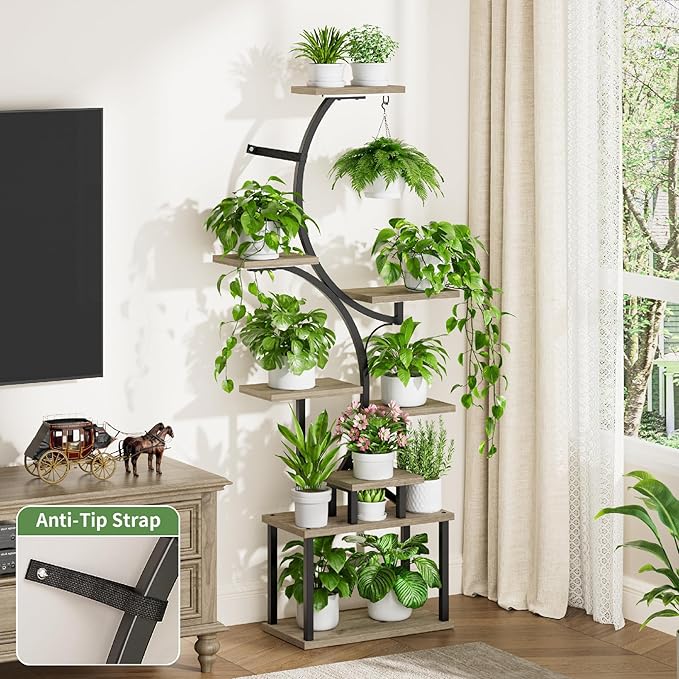 Plant Stand Indoor with Grow Lights - 62" Tall Plant Shelf, Lighted Corner Plant Stands for Indoor Growing, 8 Tiered Large Flower Holder, S-Shaped Decorative Rack for Living Room, Patent Design, Grey