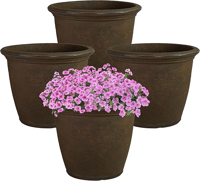 Sunnydaze 20-Inch Anjelica Large Plastic Pot for Plants - Outdoor Double-Walled Large Plastic Planter with Drillable Drainage Holes - Rust - 4pk
