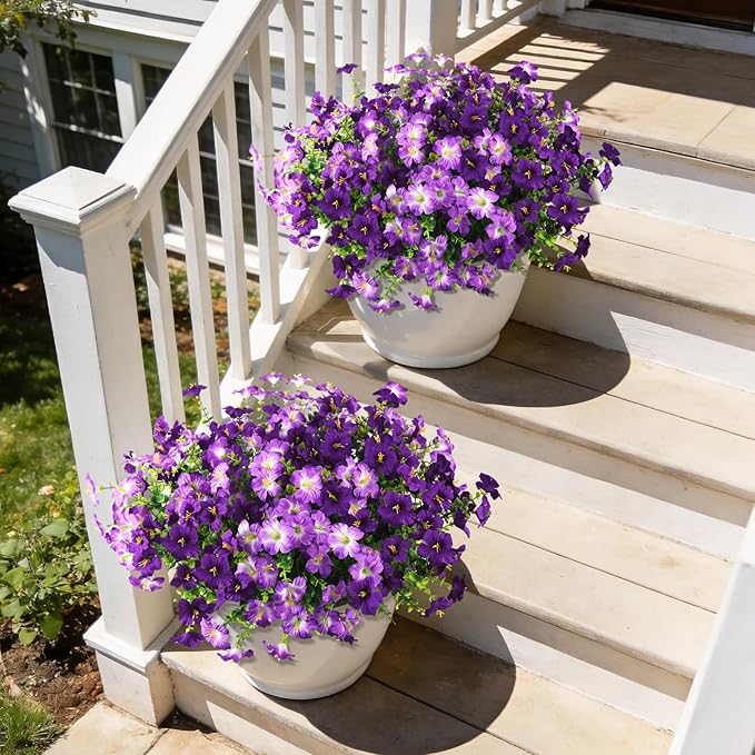 INQCMY Artificial Flowers for Outdoors Fake Plants Spring Decoration, 12 Bundles Faux Petunias UV Resistant Realistic Silk Flower for Outside Planters Patio Porch Yard Window Box (Double Purple)