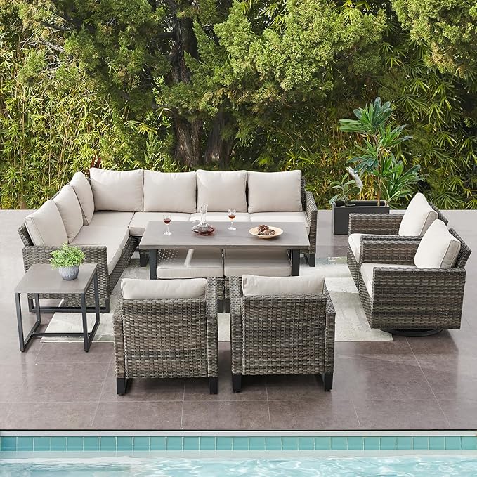 Belord Outdoor Sectional Furniture with Swivel Rocker Chair, 10 Pieces Wicker Patio Furniture Sets with Ottoman L Shaped Sofa Coffee Table Beige Cushion