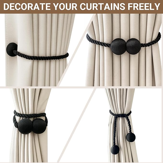 Hion Magnetic Curtain Tiebacks 4 Pack, Nickel-plated Metal and Polyester, Black