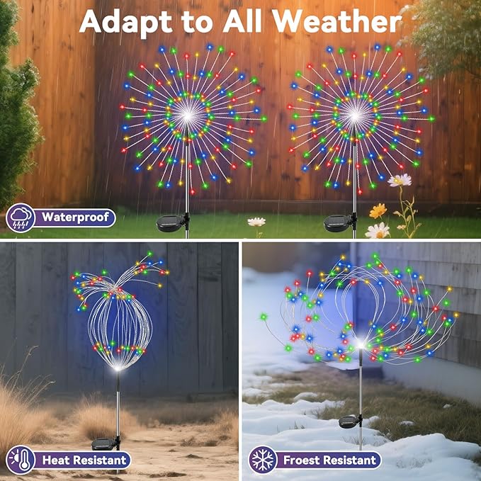 Garden Outdoor Lights, 4 Pack 120 LED Solar Garden Lights Fairy Lights Outdoor Waterproof Decorative Solar Firework Lights for Yard Patio Pathway Flowerbed Party Wedding Decor, Multicolor