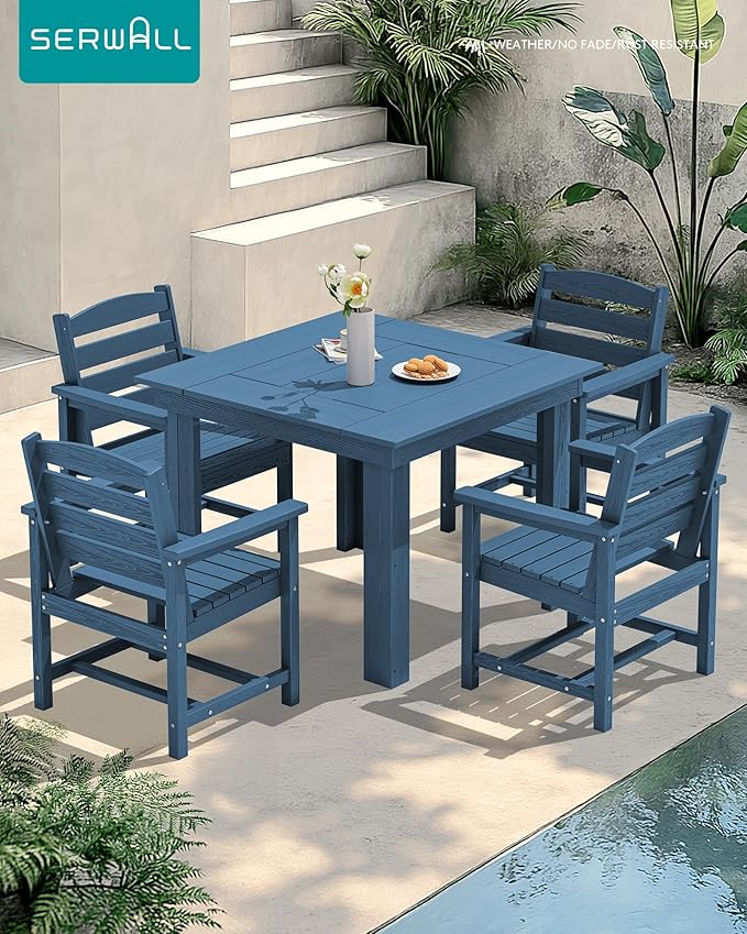 SERWALL Outdoor Dining Set for 4, HDPE Square Table and Chairs Set All Weather Patio Dining Set, 5-Piece Patio Dining Furniture for Deck, Blue