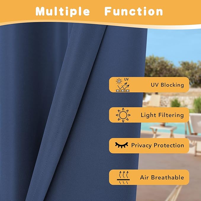 HolidayIdeas Extra Wide Outdoor Curtains for Patio Waterproof, 2 Panels - 110 x 95 Inch - Privacy & Light Filtering Curtains Grommet Outside Curtains for Porch, Gazebo, Pergola, Backyard (Navy)