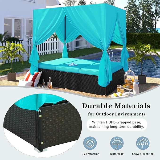 Patio Chaise Lounge, PE Rattan Outdoor Patio Wicker Sunbed Daybed with Adjustable Seats, Four-sided Canopy, Overhead Curtain and Blue Cushions for Backyard, Garden, Poolside (for 2-6 people)