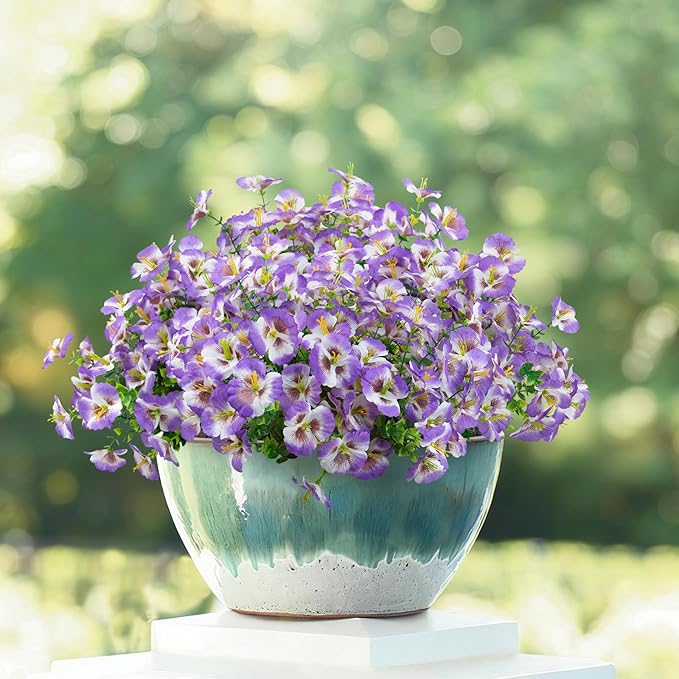 12 Bundles Artificial Pansy Flowers for Outdoor, Faux Silk Pansies Spring Flowers Outside for Planter Front Door Porch Patio Yard Window Box Home Decor (White Purple)