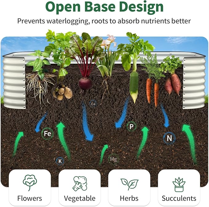 Kesfitt Raised Garden Bed Outdoor, Galvanized Steel Metal Raised Bed Planter for Vegetables & Garden, 24-Inch Deep Open Bottom Backyard Bed 8x4x2 ft, Pearl White