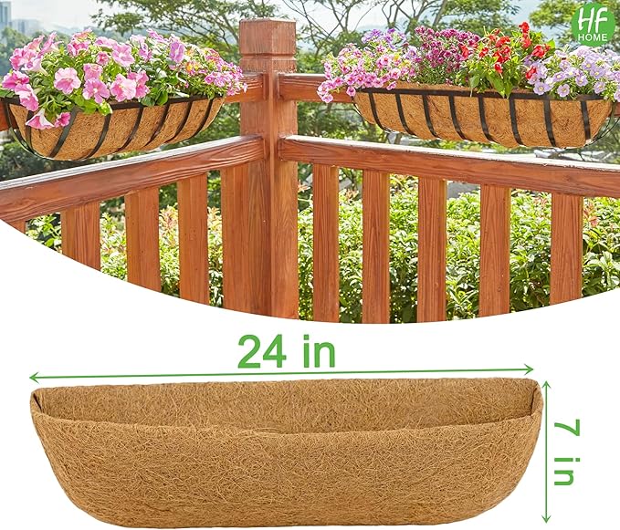 HFHOME 4PCS 24 Inch Coco Liners for planters, Horse Trough Coconut Planter Hanging Basket Liners for Window Box Hanging Trough Planter