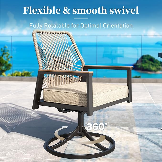 Patio Dining Set 9 Piece, 8 x Woven Rattan Swivel Chairs with Waterproof Cushion, 83" Rectangular Metal Dining Table with Umbrella Hole, Outdoor Table and Chairs Set for Backyard Lawn and Deck, Beige
