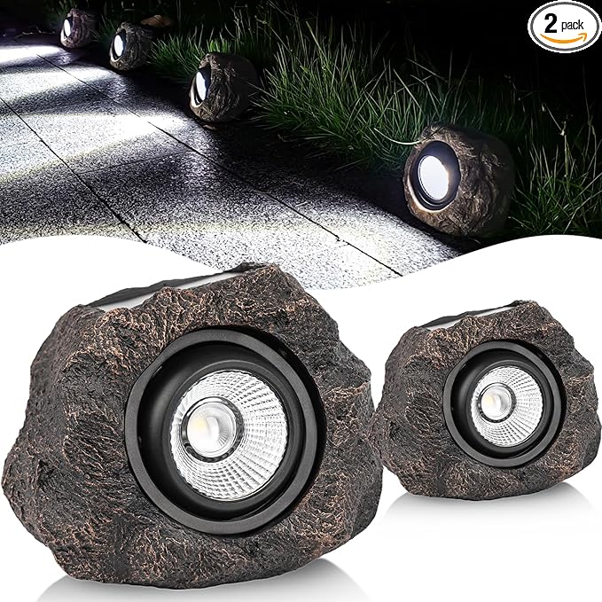 Solar Rock Lights Outdoor Garden Waterproof - Super Bright LED Solar Spotlights, Solar Powered Landscape Path Decorative Garden Stone Lights for Pathway, Walkway, Yard, Patio (2 Pack)