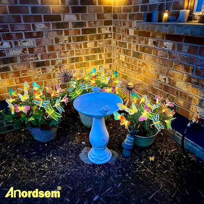 Anordsem Solar Garden Lights Outdoor: 8 Removable Fiber Optic Fabric Butterflies 4 Pack - Waterproof Fun Animal Decoration for Yard Patio - Gardening Gifts for Garden Lovers