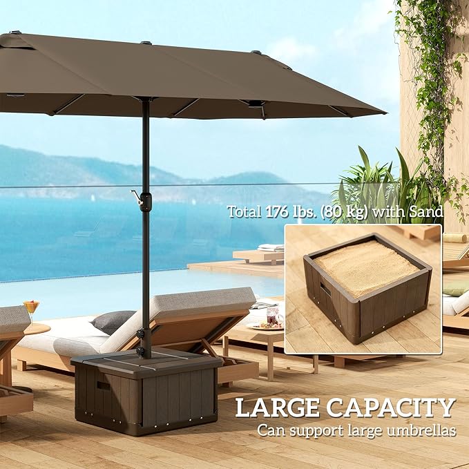 Outsunny 3-in-1 Outdoor Umbrella Base, Coffee End Table, Planter Box with Drain Hole, 175 lbs. Capacity Heavy Duty Fillable Patio Umbrella Stand Table with Wheels and Handles for Deck, Poolside, Brown