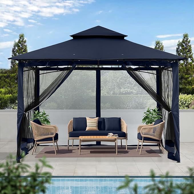 MASTERCANOPY Outdoor Garden Gazebo for Patios with Stable Steel Frame and Netting Walls (9x9,Navy Blue)