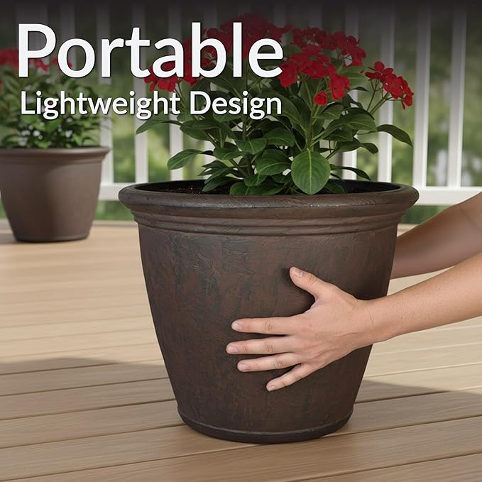 Sunnydaze 15.25-Inch Anjelica Large Plastic Pot for Plants - Outdoor Double-Walled Large Plastic Planter with Drillable Drainage Holes - Rust