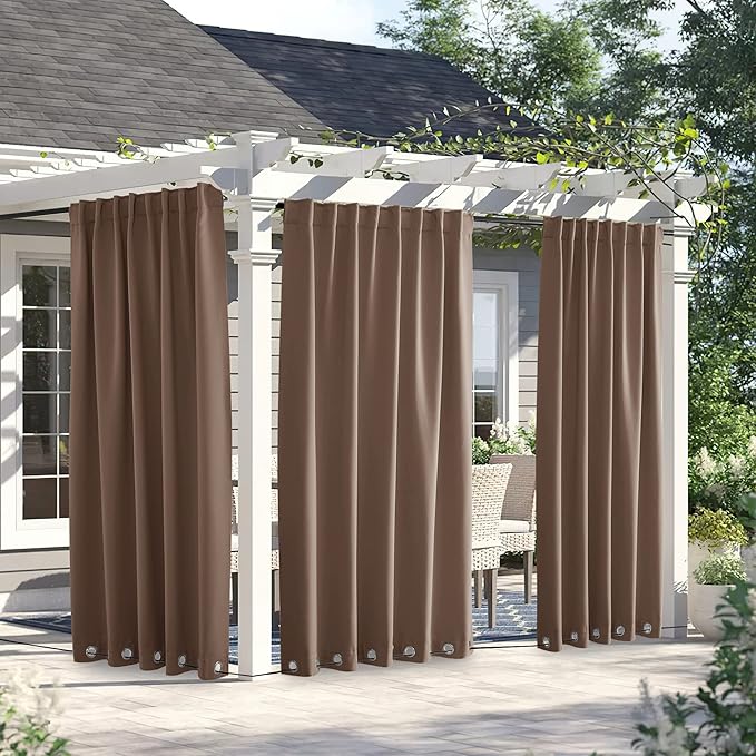 NICETOWN 2 Panels Outdoor Curtains for Patio Waterproof & Windproof, Thermal Insulated Top & Bottom Grommet & Back Tab Light Block Outdoor Drapes with Bouns Rope for Fixed, Tan, W66 x L90