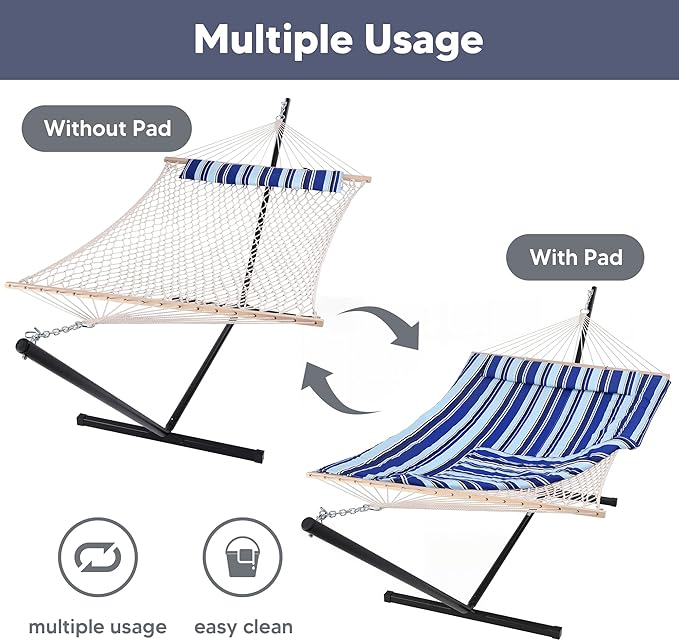 SUNCREAT Double Hammock with Stand, Two Person Cotton Rope Hammock, Blue Stripe