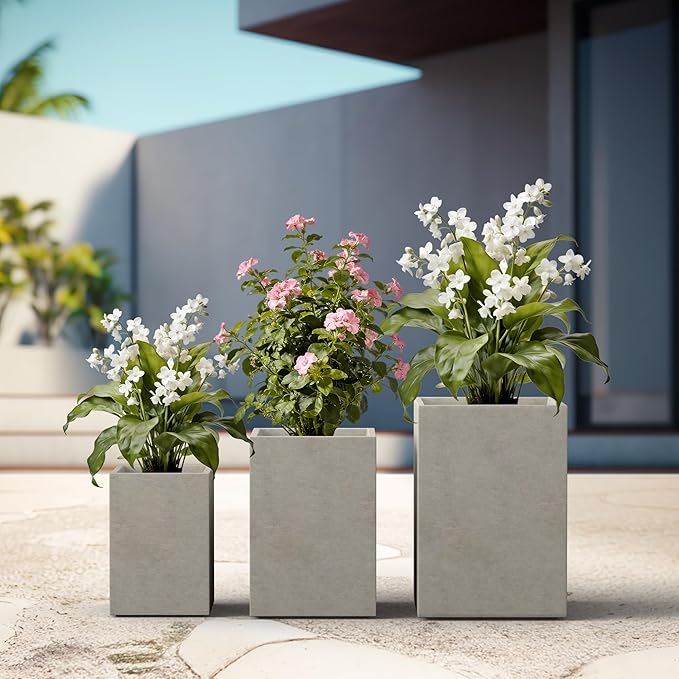 Kante 18.5",15.7",12.6" H Tall Rectangular Concrete Planters Set of 3, Outdoor Indoor Lightweight Plant Pots with Drainage Hole and Rubber Plug, Modern Style for Home Garden Patio, Weatheted Concrete