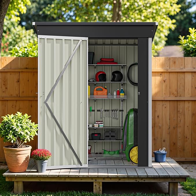 Greesum 5×3 FT Outdoor Storage Shed, Metal Storaged Sheds Without Floor, Tool Sheds with Lockable Doors and Sloping Roof for Garden, Patio, Backyard, White