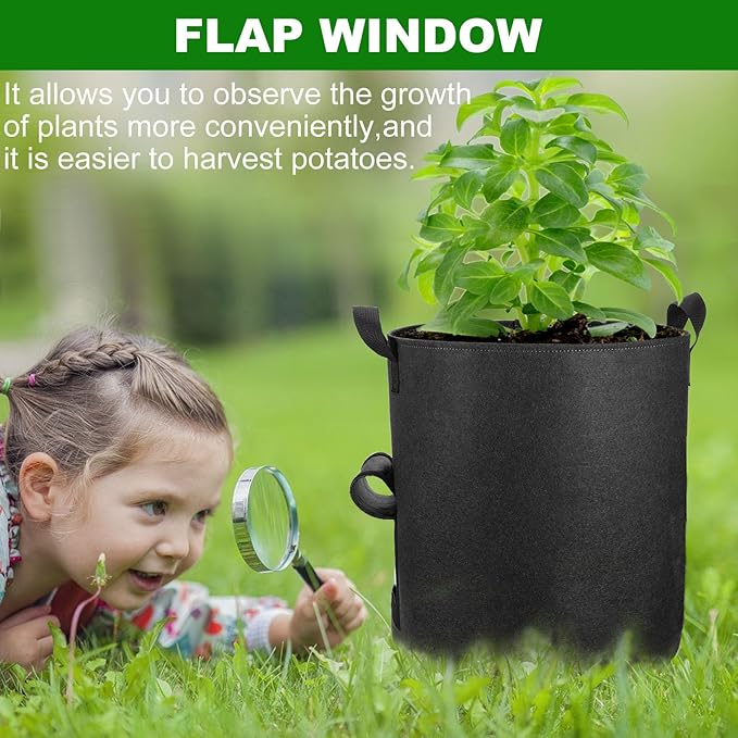 4-Pack 10 Gallon Potato Grow Bags with Flap Window, Heavy Duty Aeration Fabric Pots with Handles for Garden and Planting(Black)