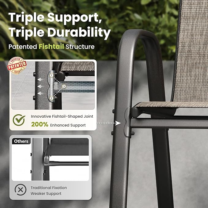 PHI VILLA Patio Chairs Set of 6, Outdoor Stackable Dining Chairs with E-Coating Metal Frame and Upgraded Textilene Fabric, All Weather Deck Chair 350 LBS Capacity for Porch Poolside Garden