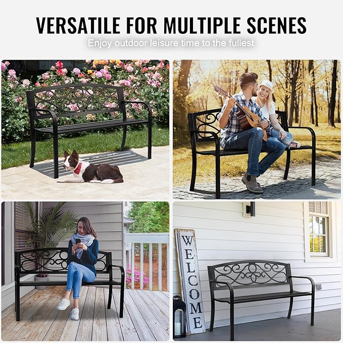 VEVOR Outdoor Bench, 50 inches Metal Garden Bench for Outdoors, 550 lbs Load Capacity Bench, Outdoor Garden Park Bench with Backrest and Armrests, Patio Bench for Garden, Park, Yard, Front Porch
