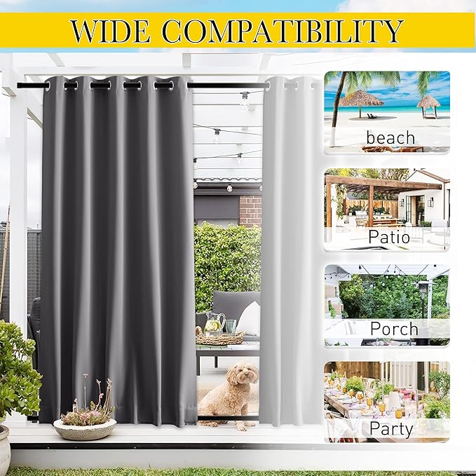 NICETOWN 2 Panels Weighted Blackout Curtains for Patio Waterproof, Top & Bottom Grommet & Back Tab Fixed Outdoor Curtains Windproof Drapes Thermal Insulated for Porch, W66 x L84, Grey