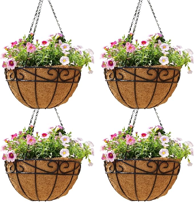 12 inch Metal Hanging Baskets For Plants Outdoor 4 Pack Round Metal Wire Hanging Basket Planter with Coco Fiber Liners Chain Round Wire Plant Holder for Garden, Patio, Deck, Porch Plants Flower Potss