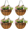 12 inch Metal Hanging Baskets For Plants Outdoor 4 Pack Round Metal Wire Hanging Basket Planter with Coco Fiber Liners Chain Round Wire Plant Holder for Garden, Patio, Deck, Porch Plants Flower Potss